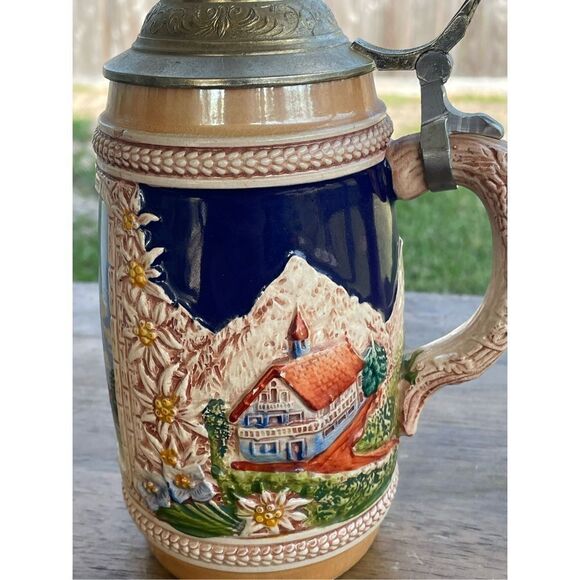 Vintage German Beer Stein Handmade Handpainted Pewter Lid Ramstein Pfalz Town - Picture 12 of 15